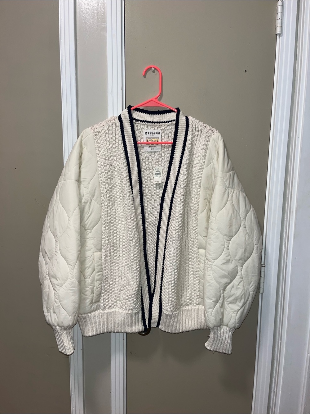aerie Cream Quilted Sleeve Cardigan with Navy Trim